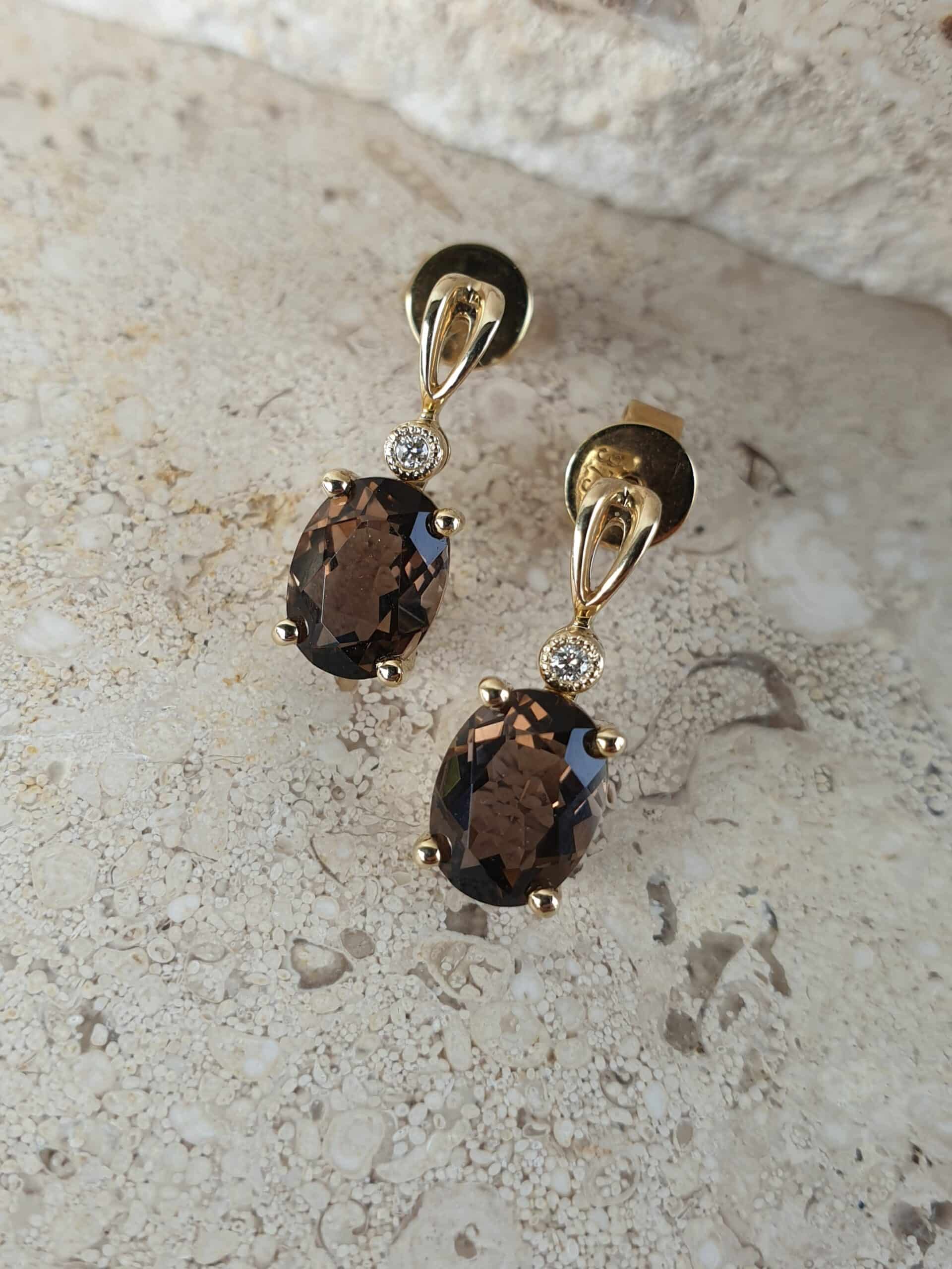 9ct Yellow gold smoky quartz & diamond earrings